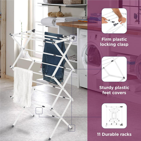 KRISHYAM® 3 Tier Expandable Foldable Clothes Drying Stand for Home, Telescopic Metal Laundry Drying Rack with Adjustable 40–70 cm Width, Multiple Drying Rods & Non-Slip Feet for Balcony & Indoor Use, White