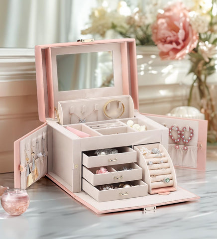 KRISHYAM® Jewelry Box, 4 Layer Leather Jewelry Boxes, Jewelry Organizer with Mirror and Lock for Girls Women Bracelets Rings Necklaces Earrings (Black, Green, Pink, White)