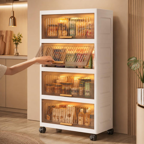 KRISHYAM® Modular Plastic Storage Cabinet with Translucent Doors & Wheels | Multi-Tier Clothes & Utility Organizer | Dustproof Freestanding Wardrobe (4 Layer - 4 Door (White))