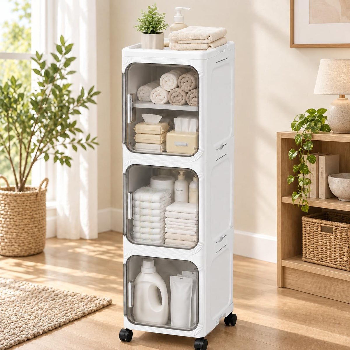 KRISHYAM® 3 Door Slim Plastic Storage Cabinet with Wheels, Collapsible Foldable Organizer with Transparent Doors & Removable Shelves White