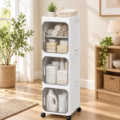 KRISHYAM® 3 Door Slim Plastic Storage Cabinet with Wheels, Collapsible Foldable Organizer with Transparent Doors & Removable Shelves White