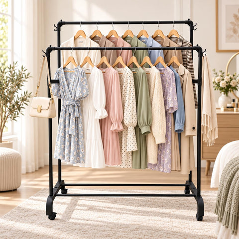 KRISHYAM® Double Rail Clothes Rack with Wheels, Steel Garment Stand with Plastic Joint Connectors, Side Hooks & Bottom Shoe Storage, Mobile Clothes Hanger for Bedroom, Laundry & Closet
