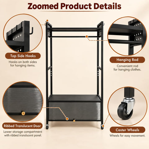KRISHYAM® Metal Garment Rack with Wheels, Clothes Hanger Stand with Top Shelf, Side Hooks & Enclosed Bottom Storage, Mobile Wardrobe Organizer for Bedroom & Laundry