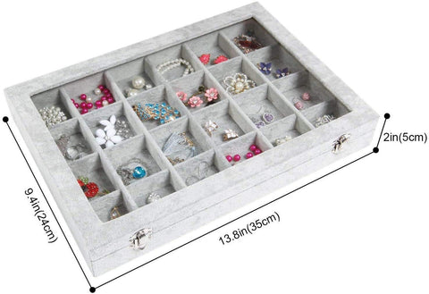 KriShyam® 24 Grid Velvet Jewelry Storage box Bathroom Cosmetic Organizers with Clear Transparent Lid Velvet material jewelry Storage Organizer Box,Lockable,Removable grid,(24 Grid,Grey)35 x 24 x 5cm