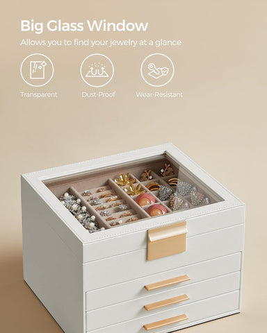 KriShyam ® Clear Lid Jewelry Box,4 Layers Jewelry Organizer with 3 Drawers Large Multi-Functional Jewelry Storage Box for Necklace Earrings Bracelets Rings Vanity Box