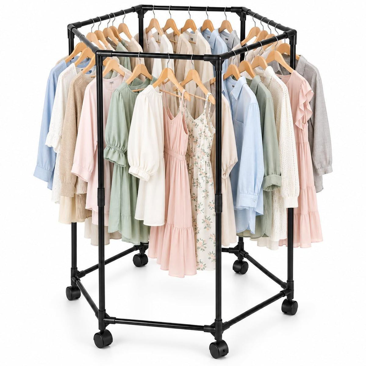 KRISHYAM® Hexagonal Clothes Hanger Rack with Wheels, 6-Sided Freestanding Garment Stand, Steel Clothes Organizer for Bedroom, Dressing Room & Laundry, 83 x 72 x 123 cm, Black
