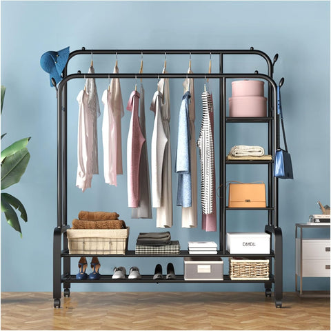 Krishyam® Double Rods Portable Garment Rack Wide Clothes Rail,Metal Clothes Rack with 2 Hanging Rails, 4 Hooks, 4 Side Shelves, and 2 Down Shelves, for Storing Shoes and Clothes