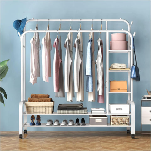 Krishyam® Double Rods Portable Garment Rack Wide Clothes Rail,Metal Clothes Rack with 2 Hanging Rails, 4 Hooks, 4 Side Shelves, and 2 Down Shelves, for Storing Shoes and Clothes