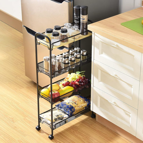 KriShyam ® Rolling Storage Organizer with Wooden Tabletop, Metal Utility, Lockable Wheels for Kitchen, Office, Bedroom (4-Layer Rectangular)