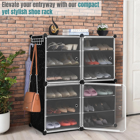 KRISHYAM® 12 Step Modular Shoe Rack Cabinet with Doors & Side Hooks, Stackable Plastic Shoe Organizer Storage Cabinet for Entryway, Bedroom & Closet, Dustproof (4 Door 12 Step (Black))