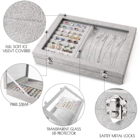 KriShyam ® Ring Earring Necklace Jewelry Storage Organizer 6 Hooks Necklace Organizer & 10 Slot Ring Holder Clear Glass Lid Display Storage Case with Lock