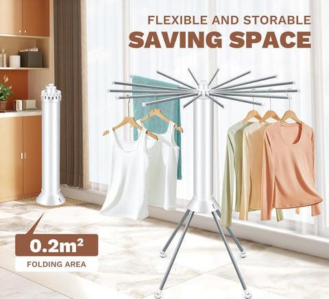 KRISHYAM® 16 Stick Clothes Drying Rack - Portable Indoor/Outdoor Laundry Airer | Space-Saving Tripod Design | Natural Bamboo & White Finish (16 Stick-White & Wooden)