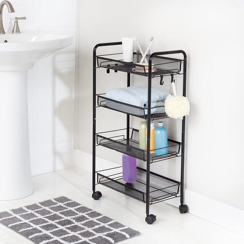 KriShyam ® Rolling Storage Organizer with Wooden Tabletop, Metal Utility, Lockable Wheels for Kitchen, Office, Bedroom (4-Layer Rectangular)