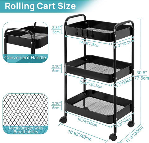 KriShyam ® 3 Tier Metal Rolling Cart with Wheels, Rolling Utility Cart Storage Organizer with Hooks, Easy Assemble for Kitchen, Bathroom, Living Room, Office, Nursery, Garage (Black)