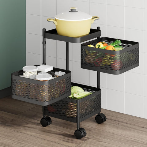 KRISHYAM® 4-Tier Metal Rolling Kitchen Storage Trolley with Mesh Baskets & Wheels | Multipurpose Vegetable, Fruit & Utility Organizer Cart | Heavy-Duty Steel | Black (4-Tier Square)