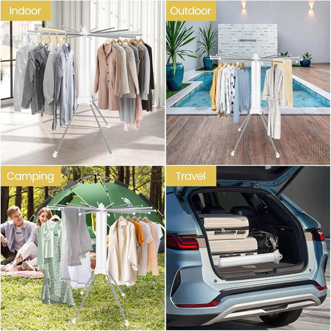 KRISHYAM® 16 Stick Clothes Drying Rack - Portable Indoor/Outdoor Laundry Airer | Space-Saving Tripod Design | Natural Bamboo & White Finish (16 Stick-White & Wooden)