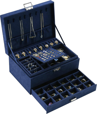 KRISHYAM® 3-Layer Velvet Jewelry Storage Box with Lock – Multi-Compartment Organizer Case for Rings, Earrings, Bracelets, Necklaces & Watches (Blue)