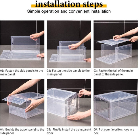 KRISHYAM® Drop Front Shoe Box with Clear Door,6 pack Plastic Shoe Boxes Stackable,Thicken & Sturdy Organizer Containers For Sneakers,Fit up to US Size 12(13.5”x 10.5”x 7.4”) (Set of 6, BlackWhite)