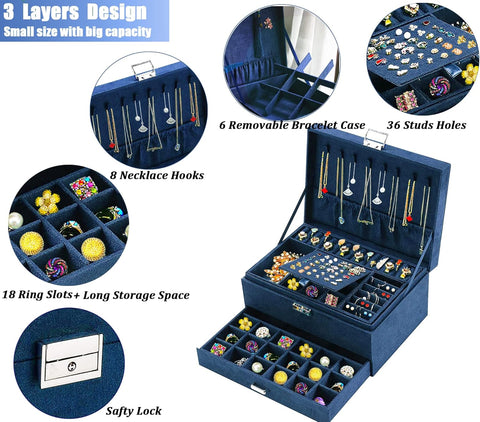 KRISHYAM® 3-Layer Velvet Jewelry Storage Box with Lock – Multi-Compartment Organizer Case for Rings, Earrings, Bracelets, Necklaces & Watches (Blue)