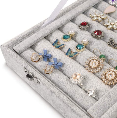 KriShyam ® Ring Earring Necklace Jewelry Storage Organizer 6 Hooks Necklace Organizer & 10 Slot Ring Holder Clear Glass Lid Display Storage Case with Lock