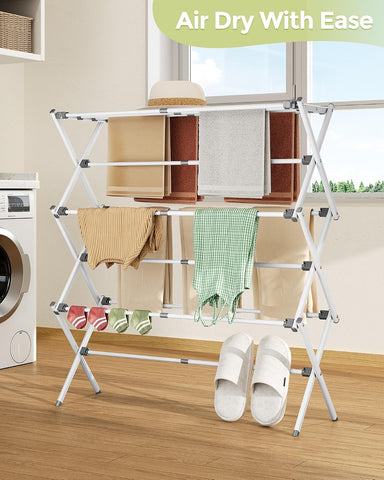 KRISHYAM® 3 Tier Expandable Foldable Clothes Drying Stand for Home, Telescopic Metal Laundry Drying Rack with Adjustable 40–70 cm Width, Multiple Drying Rods & Non-Slip Feet for Balcony & Indoor Use, White