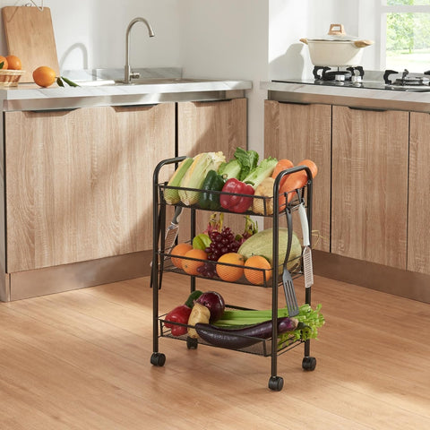KriShyam ® Rolling Storage Organizer with Wooden Tabletop, Metal Utility, Lockable Wheels for Kitchen, Office, Bedroom (3-Layer Rectangular)