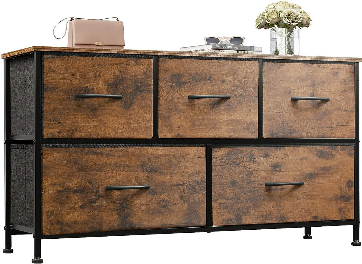 KriShyam® 5 Drawers Fabric Dresser Storage Chest of Drawers for Bedroom,Closet, Living Room, Hallway, Dorm,Children's Room Sturdy Steel Frame, Easy Pull Fabric Bins & Wooden Top