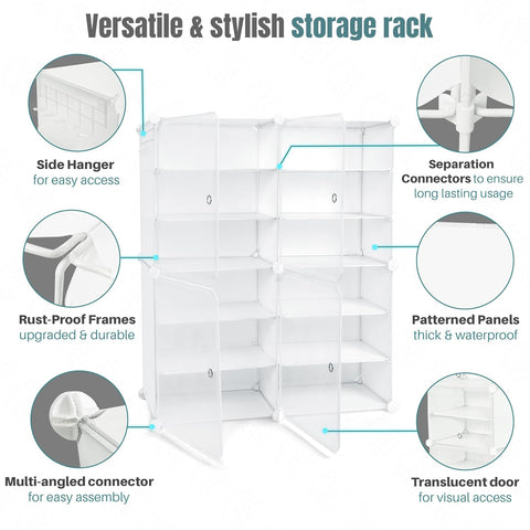 KRISHYAM® 12 Step Modular Shoe Rack Cabinet with Doors & Side Hooks, Stackable Plastic Shoe Organizer Storage Cabinet for Entryway, Bedroom & Closet, Dustproof (4 Door 12 Step (Black))
