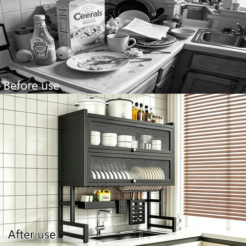 KRISHYAM® 2-Tier Over-the-Sink Dish Drying Rack with Dustproof Flip-Up Covers, Black Metal Kitchen Organizer with Plate & Bowl Storage, Cutlery Holder & Knife Holder | 66 cm & 86 cm Options
