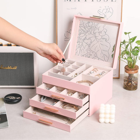 KriShyam ® Clear Lid Jewelry Box,4 Layers Jewelry Organizer with 3 Drawers Large Multi-Functional Jewelry Storage Box for Necklace Earrings Bracelets Rings Vanity Box