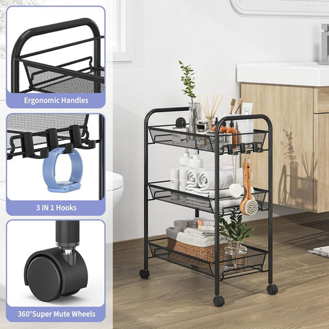 KriShyam ® Rolling Storage Organizer with Wooden Tabletop, Metal Utility, Lockable Wheels for Kitchen, Office, Bedroom (3-Layer Rectangular)