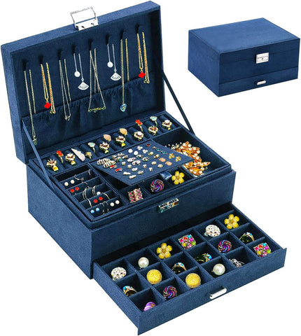 KRISHYAM® 3-Layer Velvet Jewelry Storage Box with Lock – Multi-Compartment Organizer Case for Rings, Earrings, Bracelets, Necklaces & Watches (Blue)