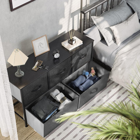 KriShyam® 5 Drawers Fabric Dresser Storage Chest of Drawers for Bedroom,Closet, Living Room, Hallway, Dorm,Children's Room Sturdy Steel Frame, Easy Pull Fabric Bins & Wooden Top