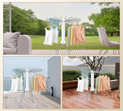 KRISHYAM® 16 Stick Clothes Drying Rack - Portable Indoor/Outdoor Laundry Airer | Space-Saving Tripod Design | Natural Bamboo & White Finish (16 Stick-White & Wooden)