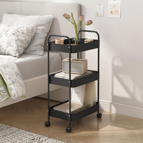 KriShyam ® 3 Tier Metal Rolling Cart with Wheels, Rolling Utility Cart Storage Organizer with Hooks, Easy Assemble for Kitchen, Bathroom, Living Room, Office, Nursery, Garage (Black)