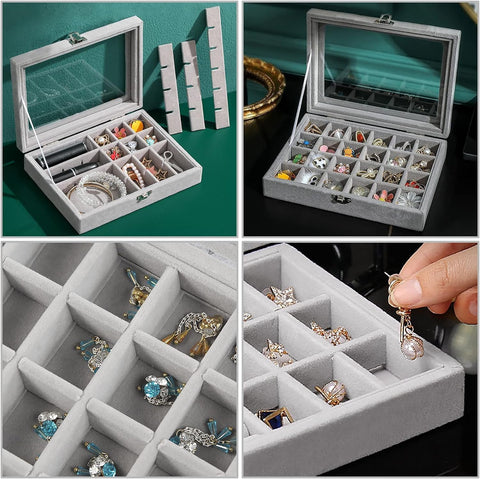 KriShyam® Earring Storage Case 24 Compartments Ring Velvet Display Case Box Earring Ring Organizer Velvet Jewelry Tray Cufflink Storage Showcase with Clear Glass Lid (Grey)