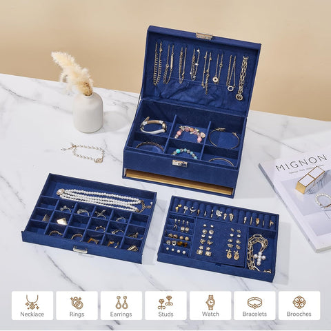 KRISHYAM® 3-Layer Velvet Jewelry Storage Box with Lock – Multi-Compartment Organizer Case for Rings, Earrings, Bracelets, Necklaces & Watches (Blue)