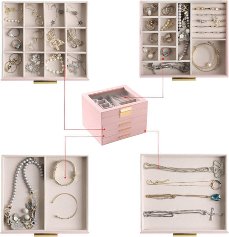 KriShyam ® Clear Lid Jewelry Box,4 Layers Jewelry Organizer with 3 Drawers Large Multi-Functional Jewelry Storage Box for Necklace Earrings Bracelets Rings Vanity Box