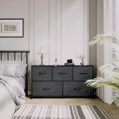 KriShyam® 5 Drawers Fabric Dresser Storage Chest of Drawers for Bedroom,Closet, Living Room, Hallway, Dorm,Children's Room Sturdy Steel Frame, Easy Pull Fabric Bins & Wooden Top