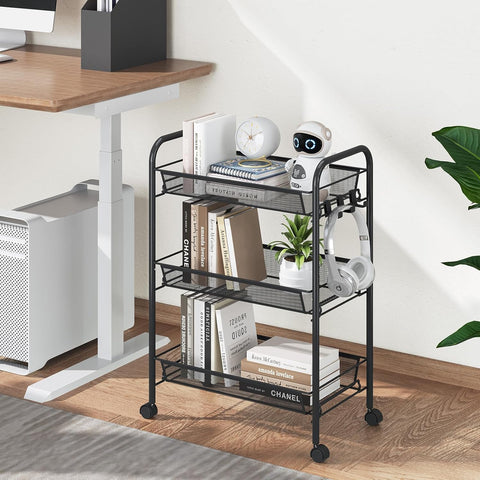 KriShyam ® Rolling Storage Organizer with Wooden Tabletop, Metal Utility, Lockable Wheels for Kitchen, Office, Bedroom (3-Layer Rectangular)