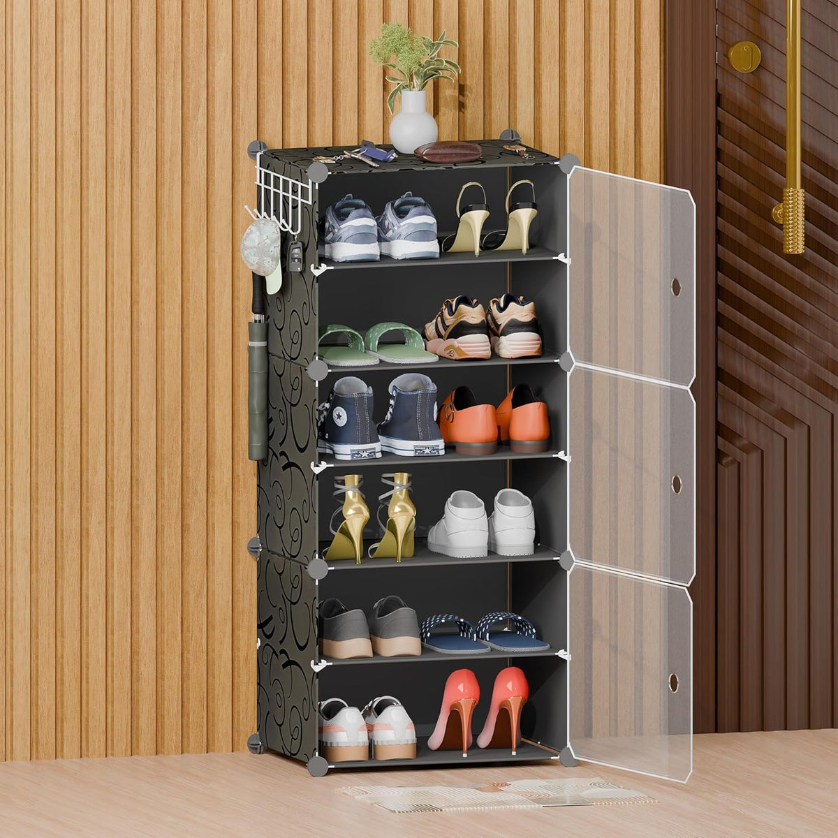 KRISHYAM® Plastic Shoe Rack for Home with Door | Modular Stackable Shoe Organizer | Waterproof & Dustproof Shoe Storage Rack for Bedroom, Entryway & Closet | 3 Door 6 Step (Black)