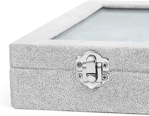 KriShyam® Fabric Glass Jewelry Ring Display Box Tray Holder Storage Box Organizer Display Storage Showcase Holder Organizer, Fabric Glass Tray Holder Storage Box Organizer (Grey)