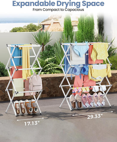 KRISHYAM® 3 Tier Expandable Foldable Clothes Drying Stand for Home, Telescopic Metal Laundry Drying Rack with Adjustable 40–70 cm Width, Multiple Drying Rods & Non-Slip Feet for Balcony & Indoor Use, White