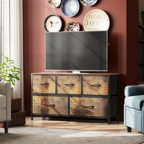 KriShyam® 5 Drawers Fabric Dresser Storage Chest of Drawers for Bedroom,Closet, Living Room, Hallway, Dorm,Children's Room Sturdy Steel Frame, Easy Pull Fabric Bins & Wooden Top