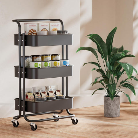 KriShyam ® Rolling Storage Organizer with Wooden Tabletop, Metal Utility, Lockable Wheels for Kitchen, Office, Bedroom (3-Layer Square with Handle)