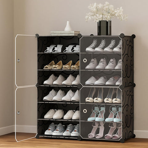 KRISHYAM® 12 Step Modular Shoe Rack Cabinet with Doors & Side Hooks, Stackable Plastic Shoe Organizer Storage Cabinet for Entryway, Bedroom & Closet, Dustproof (4 Door 12 Step (Black))