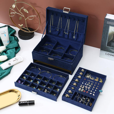 KRISHYAM® 3-Layer Velvet Jewelry Storage Box with Lock – Multi-Compartment Organizer Case for Rings, Earrings, Bracelets, Necklaces & Watches (Blue)