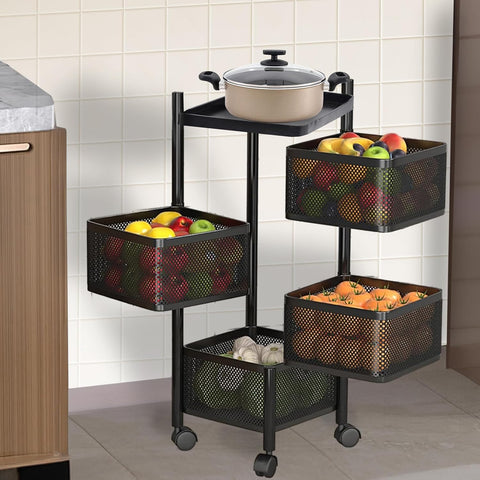 KRISHYAM® 4-Tier Metal Rolling Kitchen Storage Trolley with Mesh Baskets & Wheels | Multipurpose Vegetable, Fruit & Utility Organizer Cart | Heavy-Duty Steel | Black (4-Tier Square)