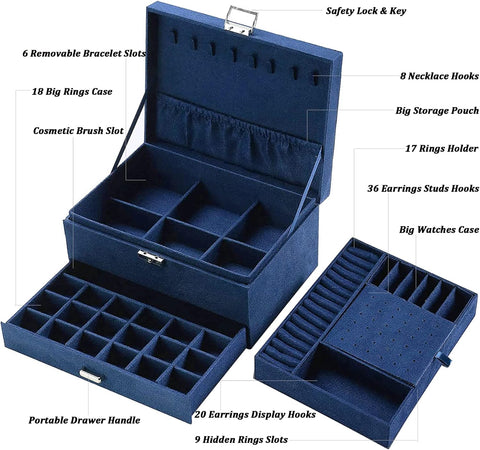 KRISHYAM® 3-Layer Velvet Jewelry Storage Box with Lock – Multi-Compartment Organizer Case for Rings, Earrings, Bracelets, Necklaces & Watches (Blue)