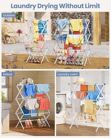 KRISHYAM® 3 Tier Expandable Foldable Clothes Drying Stand for Home, Telescopic Metal Laundry Drying Rack with Adjustable 40–70 cm Width, Multiple Drying Rods & Non-Slip Feet for Balcony & Indoor Use, White